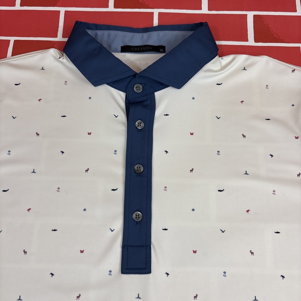 Greyson Golf Polo Shirt Mens XL White Navy Mini Print Performance Short Sleeve
